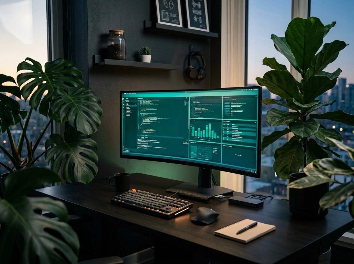 Stanowisko programistyczne Adam Kowalski IT w otoczeniu roślin monstera i oświetlenia tech emerald